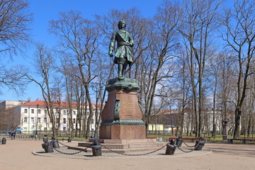 Bronze monument of 1841 to the Russian Emperor Peter on a spring day in Kronstadt