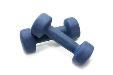 blue dumbbells for sports on a white background