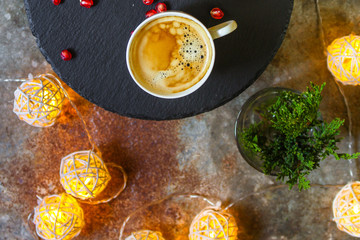 coffee - a cup of coffee on the table. top view.