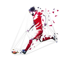 Football player in red jersey running with ball, abstract low poly vector drawing. Soccer player kicking ball. Isolated geometric colorful illustration, side view