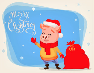 Merry Christmas. Cute pig wearing Santa Claus hat
