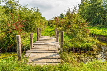 Simple wooden bridge of wooden planks and round beams