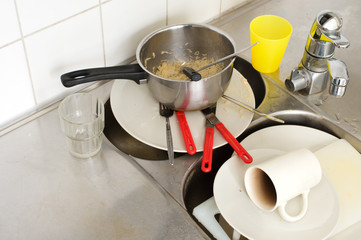 Dirty dishes in the sink.