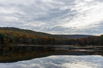 Fototapeta na wymiar Laurel Lake Recreational Area in Pine Grove Furnace State Park in Pennsylvania during fall