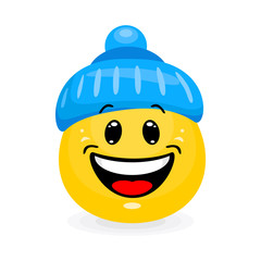 Emoticon wearing winter clothes. Smiling face in hat in cartoon style on white background.