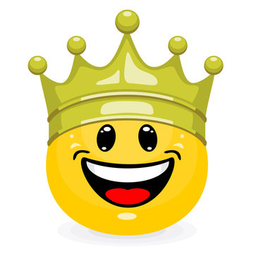 Cute emoticon in gold king crown. Smiley in cartoon style isolated on white background