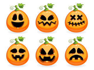 Vector set of Halloween emoticons. Collection of scary pumpkin faces in cartoon style on white background