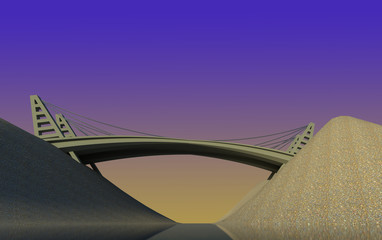 A bridge over the river architectural model design 3D illustration fn gradient background. Collection.