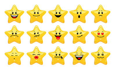 Vector set of star emoticons. Collection of yellow stars with different emotions in cartoon style on white background © ymoiseeva