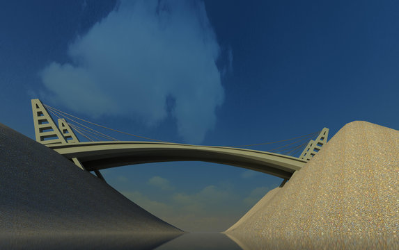 A Bridge Over The River Architectural Model Design 3D Illustration On Cloudy Sky Background. Collection.