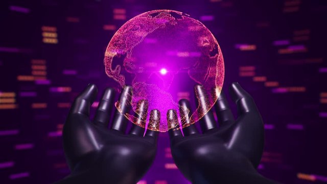 Abstract background with animation of rotation Earth Globe in abstract hands of human. Animation of seamless loop.