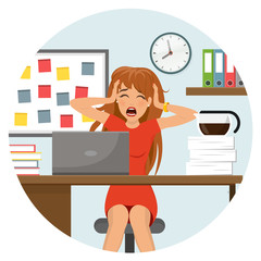 Verzweifelte gestresste Frau im Büro Flat Design  isoliert auf weißem Hintergrund