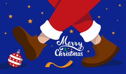 Santa Claus stepping on a red Christmas ball with ribbon. Merry Christmas.