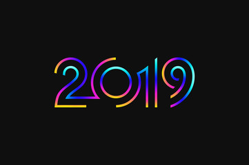 Happy New Year 2019. Abstract greeting card. Fluorescent color 