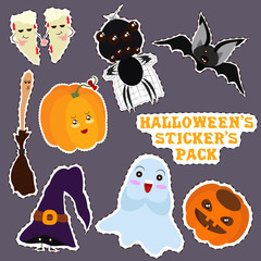 Vector Set of Characters and Icons for Halloween in Cartoon Style. Stickers Pack of Pumpkins, Bat, Ghost, Which's Hat, Spider, Broom and Fangs. Drawing of Traditional Elements for Autumn Holidays
