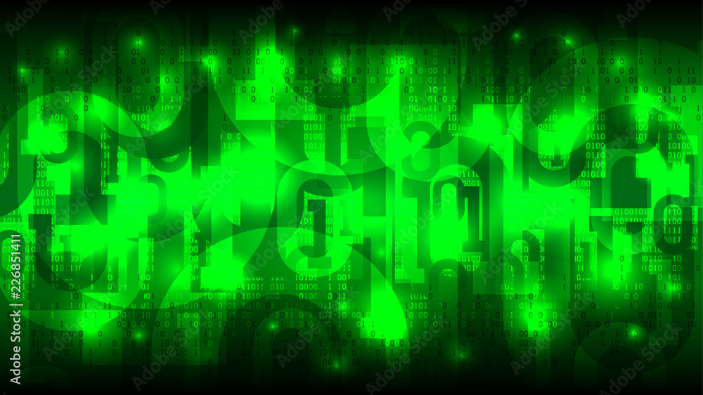 Poster abstract futuristic glowing cyberspace with binary code, matrix green background with digits, cloud 