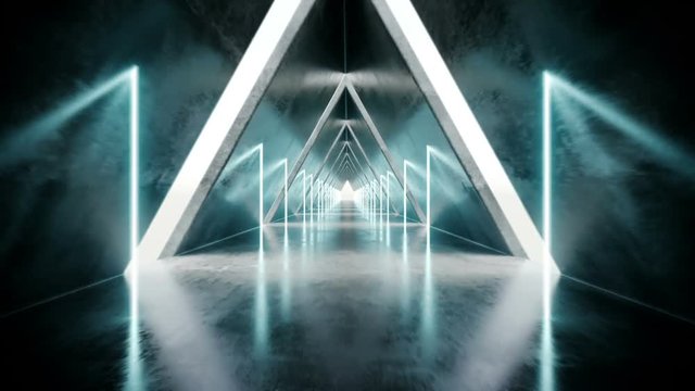 Futuristic Modern Sci-Fi Spaceship Concrete Long Corridor With White Strip Holes And Glowing Neon Blue Tubes With Reflections 3D Rendering Camera Fly Animation