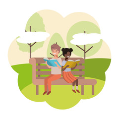 Obraz na płótnie Canvas young couple in park chair avatar character