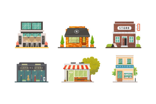 Shop store buildings vector illustrations set. Market exterior, restaurant and cafe. Vegetable store, pharmacy, boutique, urban front houses.