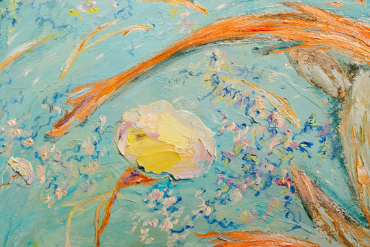 Painting oil on canvas as abstract colorful background. Closeup fragment of the painting oil on canvas - Two yellow turtles swimming in blue water.