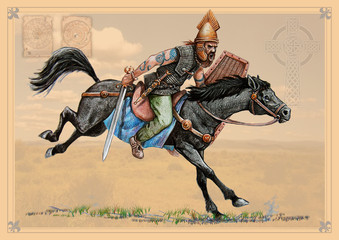 Celtic cavalryman. Historical illustration. Ancient warrior. - obrazy, fototapety, plakaty