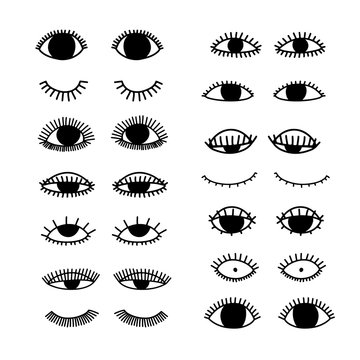 Set of vector cartoon eyes. Ink illustration. Closed and open eyes.