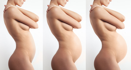 Nude anonymous pregnant woman profile on white background. Different trimesters