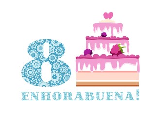 Anniversary greetings, 8 years, berry cake, Spanish, white, blue, vector. The inscription in Spanish, 