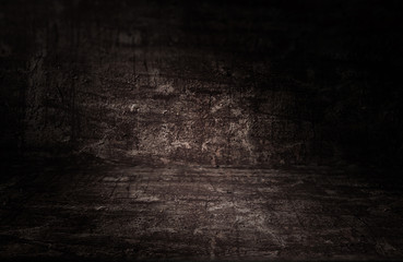 Background of an empty dark room. Empty walls, lights, smoke, glow, rays