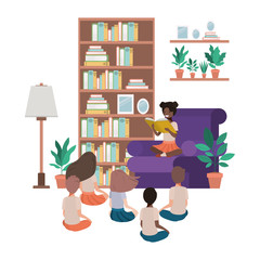 children reading in living room avatar character