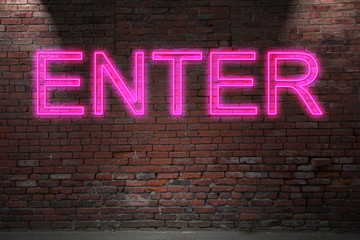 Fototapeta na wymiar ENTER Neon Letterin on Brick Wall