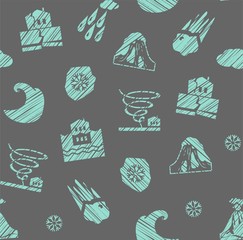 Weather, natural disasters, seamless pattern, gray-blue, hatching, vector. Images of various natural disasters. Vector picture. Simulated pencil shading. Blue figures on a gray background.  