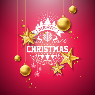Merry Christmas Illustration with Gold Glass Ball, Star and Typography Elements on Red Background. Vector Holiday Design for Greeting Card, Party Invitation or Promo Banner.