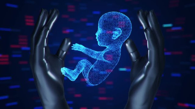Abstract scientific movie with hands of human and unborn baby from the womb. Animation of seamless loop.