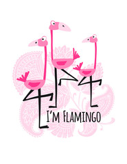 Cute pink flamingos on floral background, sketch for your design