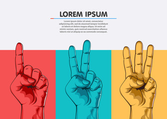 Set of counting one two three hand sign. Three steps or options concept. Vector illustration