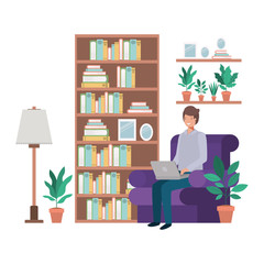 young man in the livingroom with laptop avatar character