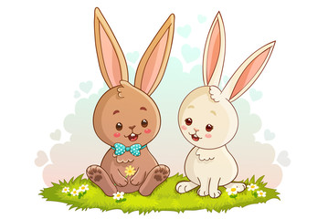 Couple of white and brown rabbits sitting on grass with flowers. Vector illustration isolated on white background.