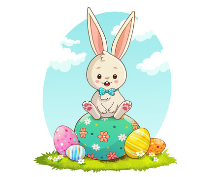 Cute white rabbit sitting on Easter eggs  with blue sky and clouds background. Hand drawn vector illustration.