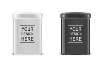 Vector realistic 3d white and black blank metal aluminium tea tin can container with cap rectangular or square shape set closeup isolated on white background. Design template for mockup packaging baby