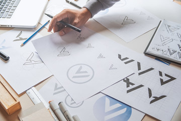 Graphic designer development process drawing sketch design creative Ideas draft Logo product...
