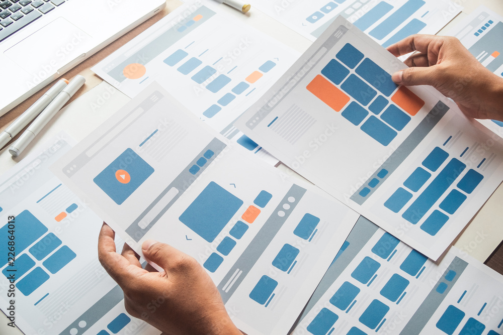 Poster Website designer Creative planning application developer development draft sketch drawing template layout prototype framework wireframe design studio . User experience concept .