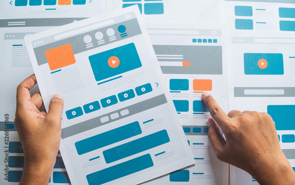 Poster Website designer Creative planning application developer development draft sketch drawing template layout prototype framework wireframe design studio . User experience concept .