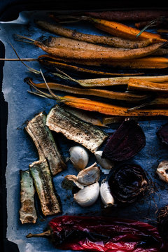 Roasted vegetables on baking paper