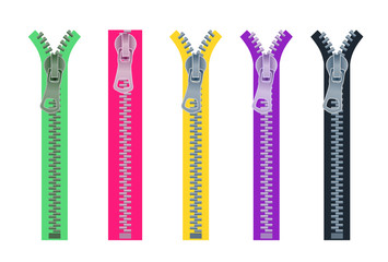 Set of metal zippers for clothing in different colors. Open and closed lock. Green, red, yellow, purple and black vector zipper isolated on white background. © kornetka