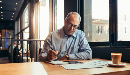 Mature businessman in cafe making notes