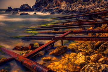 Launcing ramp for fisherman boats into the sea shot with long exposure