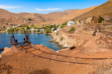 Railway rails of an abandoned mine at Megalo Livadi in Serifos. Cyclades islands, Greece