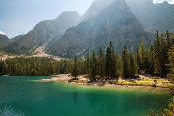 Braies lake (Lago di Braies), Dolomites, South Tyrol, Alto Adige, Bolzano, Italy
