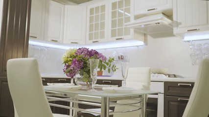 Designer kitchen. White kitchen interior. Designer white kitchen.